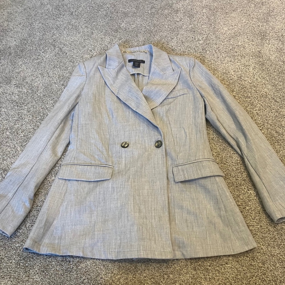 Tahari Womens Light Grey Double Breasted Peak Lapel Blazer Jacket XS Office Chic